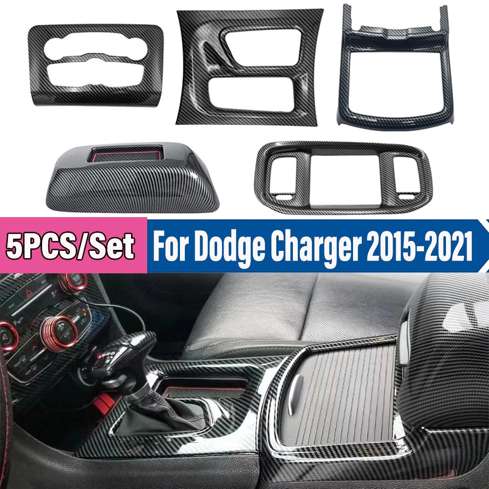 Accessori Interni Neri in Fibra di Carbonio Per Dodge Charger 2015-2025 Console Centrale Pannello Leve Cambio Aria Copertura Protettore Kit 5 Pezzi