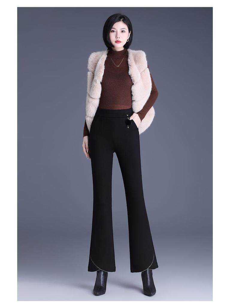 Women's Black Silk Cotton High-Waist Winter Pants - Slimming, Warm, Thickened, Korean-Style, Versatile, Stylish, Slightly Flared.