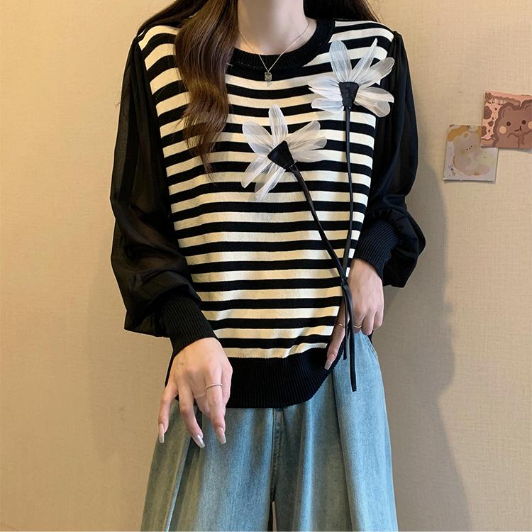 Modischer Herbst- und Winter-Neuer 3D-Blumen-Gestreifter Langarm-Gespleißter Strickpullover