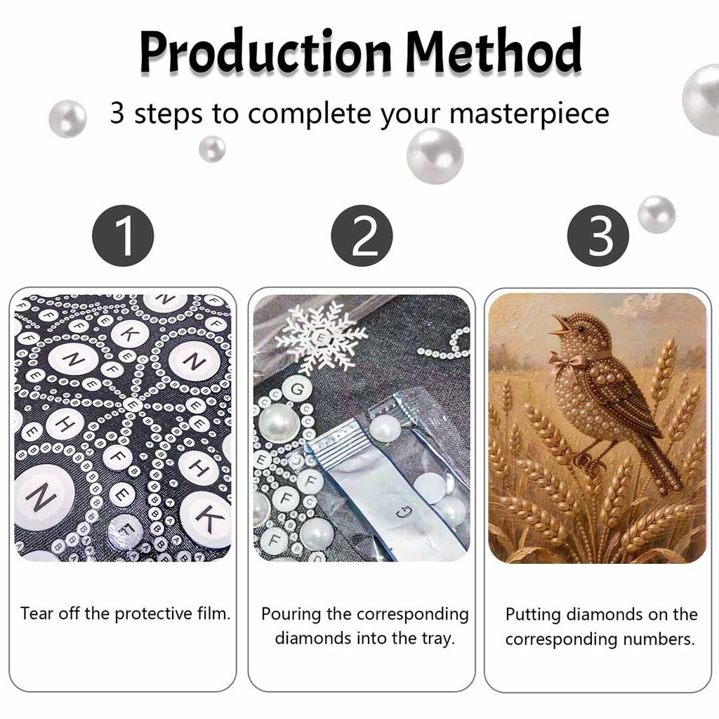 DIY 5D Pearl Bead Painting Kit with Frame Singing Bird Wheat Harvest Shiny Canvas Art for Bedroom Wall Decor and Gift