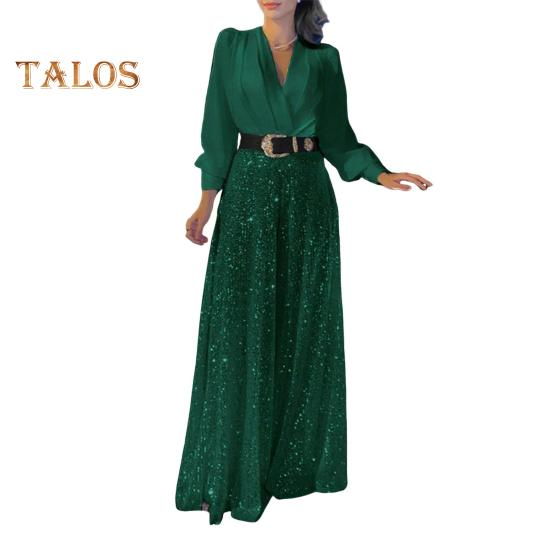Women's Sequins Jumpsuits Long Sleeve V-Neck Shirt Sparkly Belted Wide Leg Romper Evening Party Overall Pants