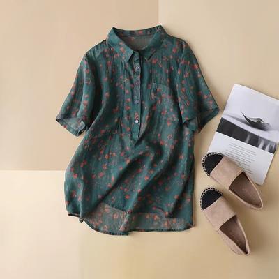 Summer Literature Slimming Collar Cotton Linen Small Floral Short Sleeved Shirt Women's Shirt Top Blouses & Shirts