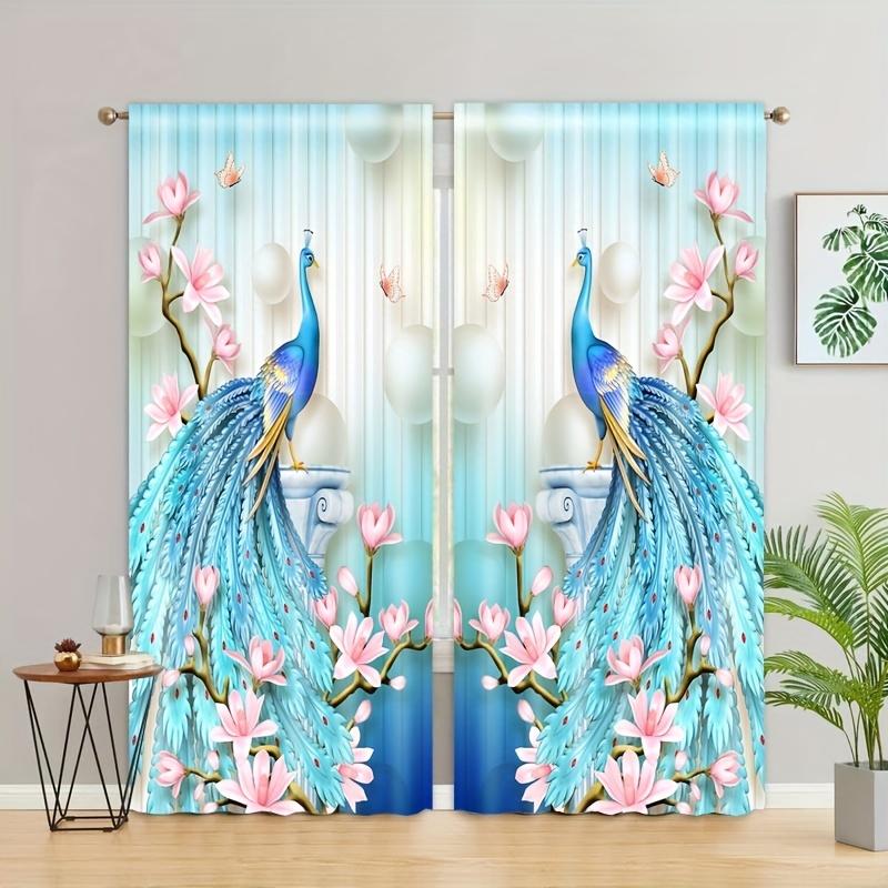 3D Animal Peacock Flower Retro Style Curtains Window Treatment for Bedroom Office Kitchen Living Room Study Home Decor 2 Pieces
