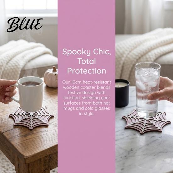 Decorative Mats for Party Halloween Spider Web Wooden Coaster Anti-Slip Wood Cup Mat with Figurine Natural Pine Coasters Thermal Insulated