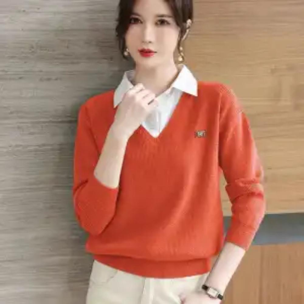 

Женская мода Одежда Два ложных предмета Свитера Женские Осень Зима Свободные Внутренний нахлест Длинный рукав Вязаный Базовый топ XXXL оранжевый