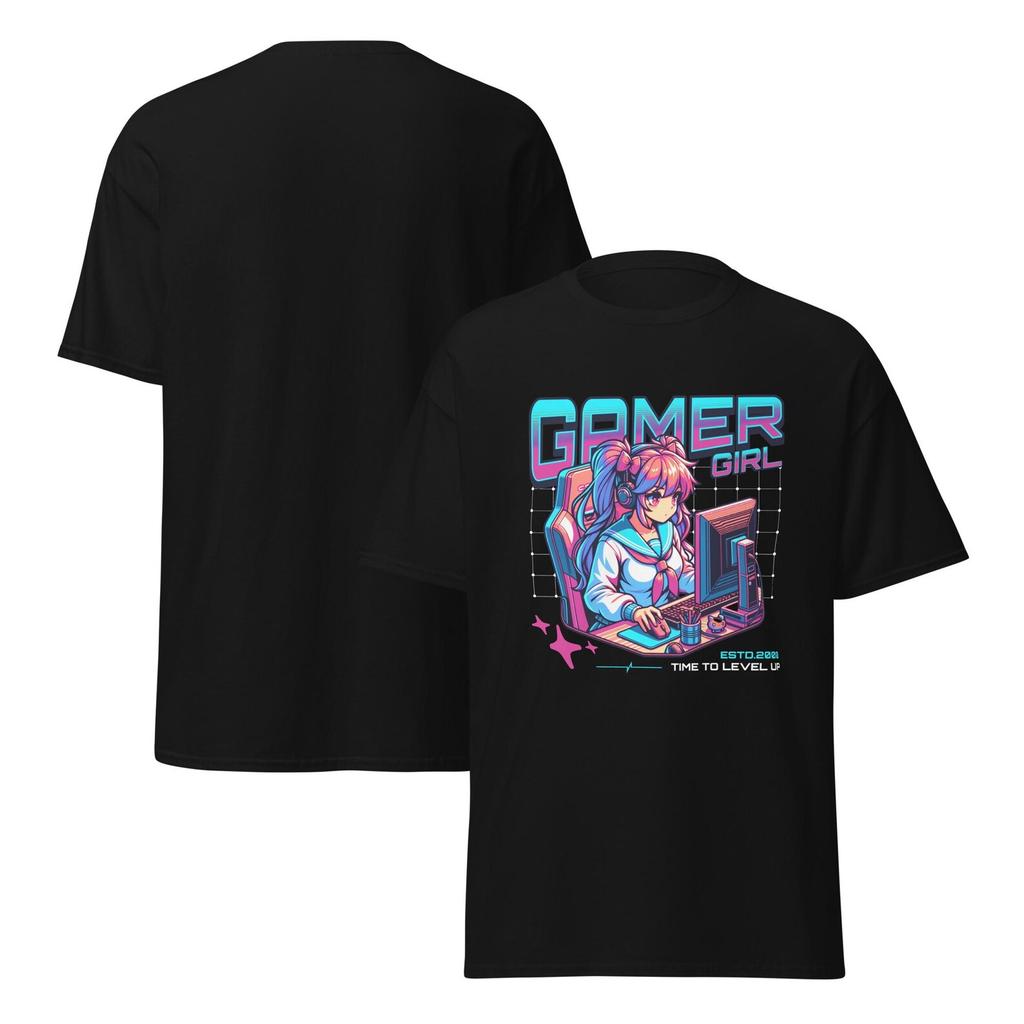 Gamer Girl T-Shirt, Neon Anime Gaming Tee, Kawaii E-Girl Streetwear, Level-Up Otaku Graphic Shirt