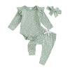 Baby Mädchen Herbst Outfit Floral Langarm Gerippter Strampler Hose mit Schleife Stirnband 3-teiliges Set