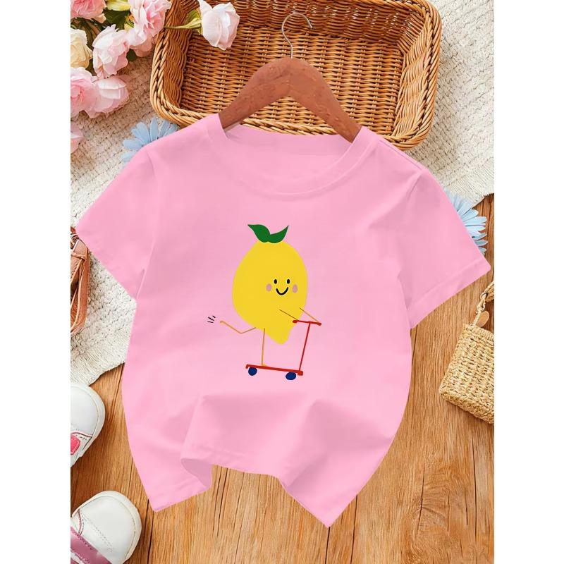 European Sizes Cartoon Lemon Skateboard Pattern Girls' Summer Short Sleeve T-Shirt, Breathable Comfortable Fashion Print Top