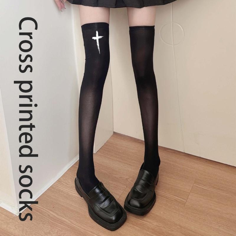 Anime JK Mädchen Kreuz Print Strümpfe Damen Seiden Leggings Strumpfhosen Socken Cosplay Kostüm Über Knie Oberschenkel Hoch Lange Socken
