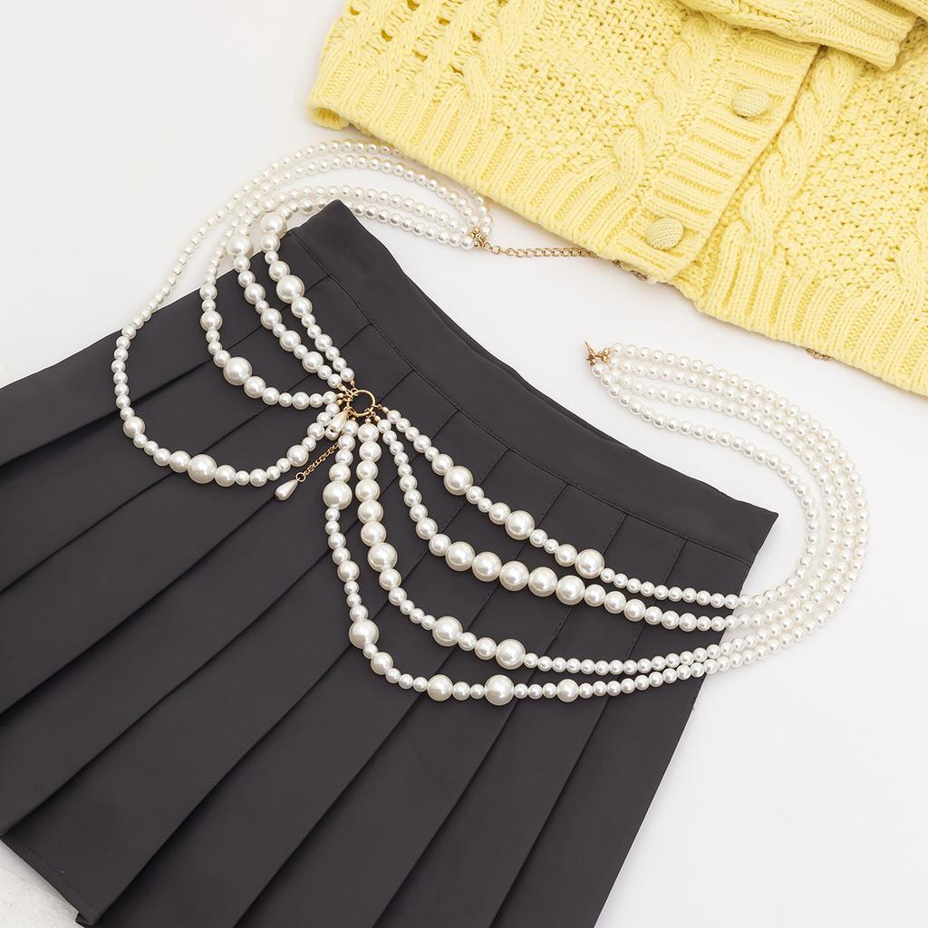 Sweet And Cool Hot Girl Imitation Pearl Hollow Tassel Ethnic Style Clothing Necklace Sexy Nightclub Style Multi-layer Body Chain For Women