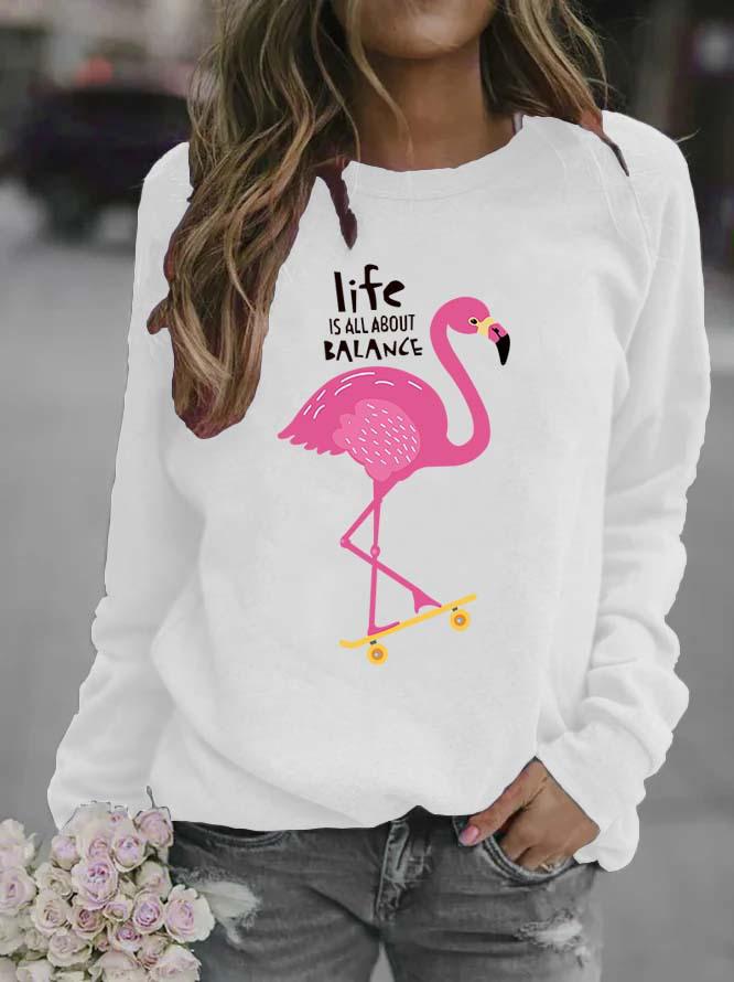 Flamingo Print Round Neck Women's Hoodie