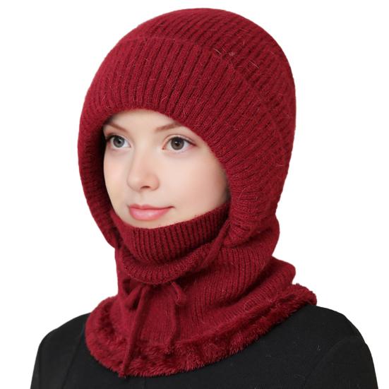 Gestrickte Wollmütze mit Schnürung zur Anpassung, Samtfutter, Gesichts- und Nackenschutz, Reitkopfbedeckung, Winterwärmemütze