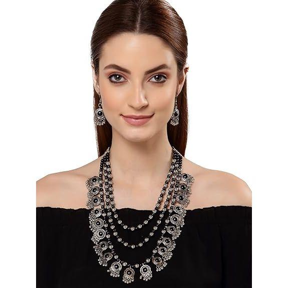 Latest Stylish Fancy Oxidized Traditional Oxidised Necklace Jewellery Set for Women (Black)