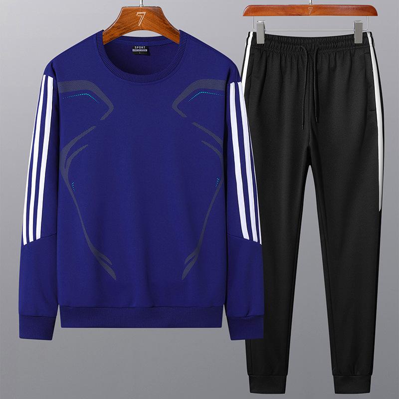 

Спортивный мужской пуловер с длинными рукавами и круглым вырезом, свитер с тремя полосками, повседневный костюм L синий