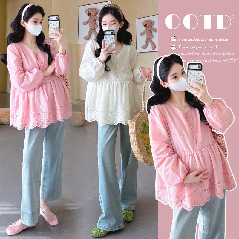 2026 Spring Korean V-Neck Lace Embroidery Maternity Blouse M