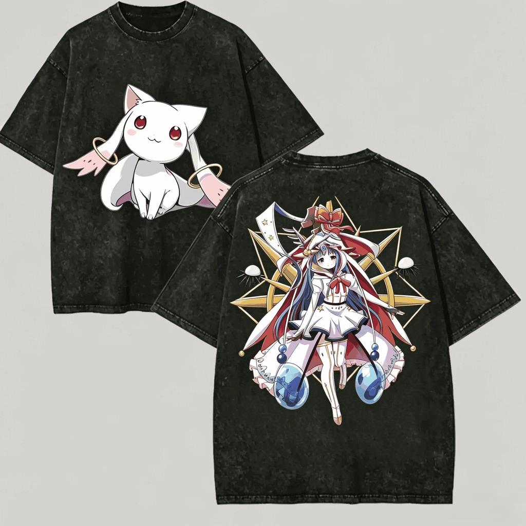 Washed Tee Cartoon Girl Puella Magi Magica Washed Tshirt Anime Kaname Madoka Harajuku Oversized Vintage Loose Streetwear Unisex Classic Oversize2