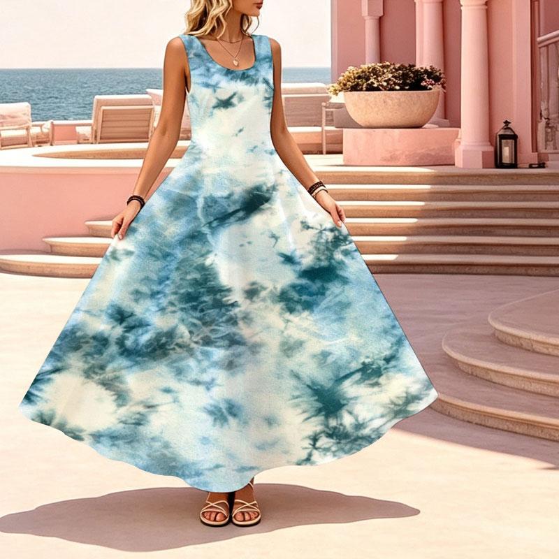 Tie-Dye Sleeveless Flowy Maxi Dress Lightweight Loose Fit,Versatile Vacation Loungewear for Travel Photo Shoots,Casual Style