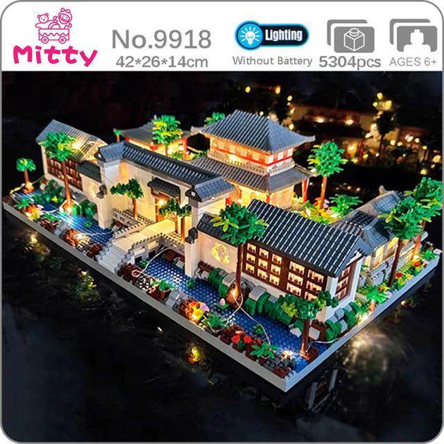 Lezi Architecture Ancient Pavilion Temple Tower Lake Garden Gate LED Light Model Mini Diamond Blocks Bricks Building Toy no Box