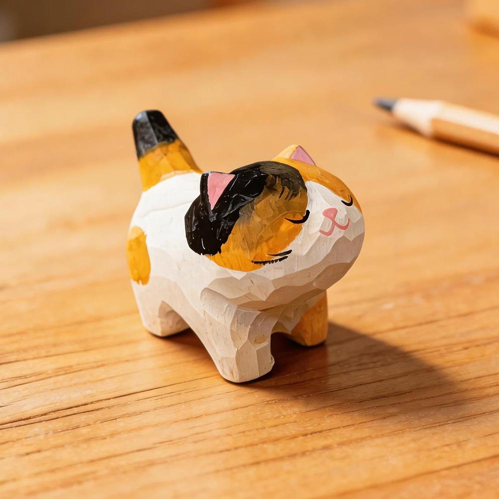 Hand Carved Wooden Calico Cat Figurine Cute Hand-Painted Kitten Statue Mini Desk Decor Ornament Gift Cat Lover Collectible Wood