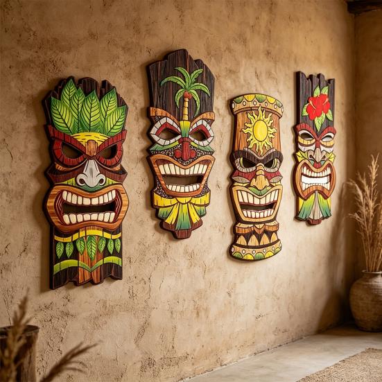 4 Stück Gesichtsmaske Dekor Massivholz Handbemalt Tiki Gesichtsmaske Tropischer Hawaiianischer Stil Wanddekoration Strand Poolbereich Dekoration