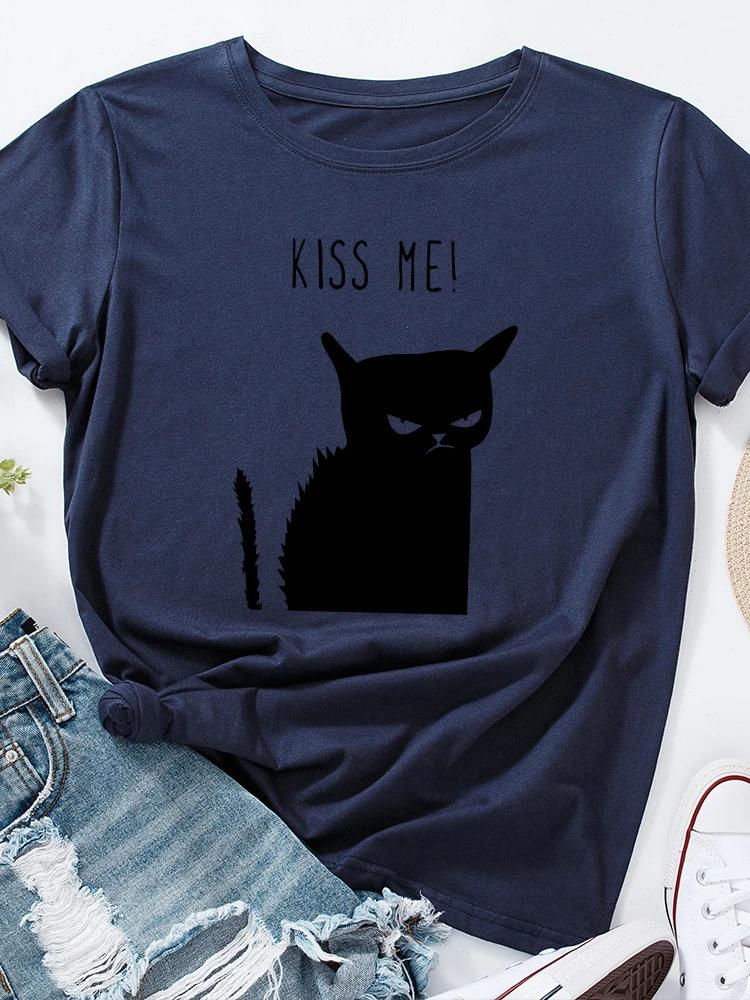 

Футболка с принтом «Черная кошка» Kiss Me, женская, с коротким рукавом и круглым вырезом, свободная, летняя, женская, повседневная, футболка, топы, Camisetas Mujer XXXL темно-синий