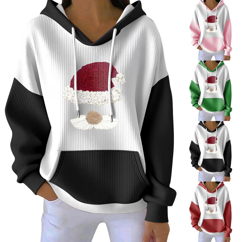 Women's Loose And Comfortable Drawstring V-neck Long Sleeved Christmas Print Hoodie