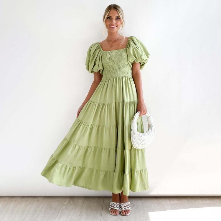 Fashion Summer Dress Women Strapless Print Pleated Short Sleeve Ankle Length