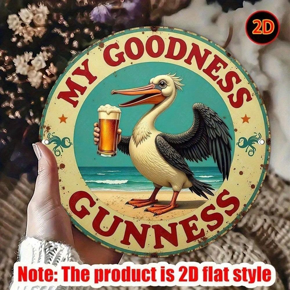 Vintage Metal Tin Sign 20x20cm - Pelican Holding Beer, Round Wall Decor for Bar, Pub, Garage, Man Cave