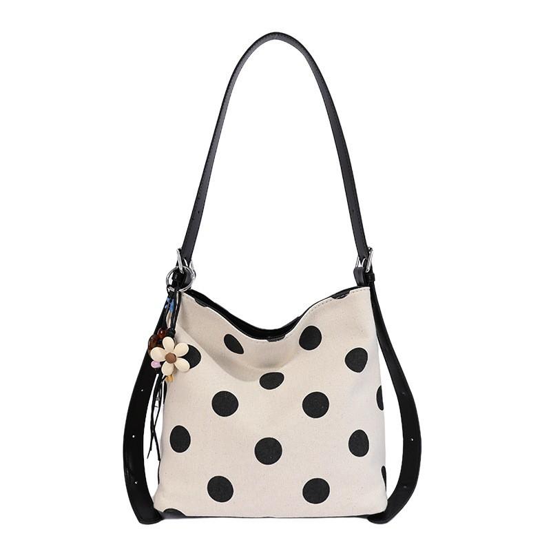 Korean Style Polka Dot Tote Bag Women Large Capacity Linen Look Shoulder Commuter Bucket Crossbody
