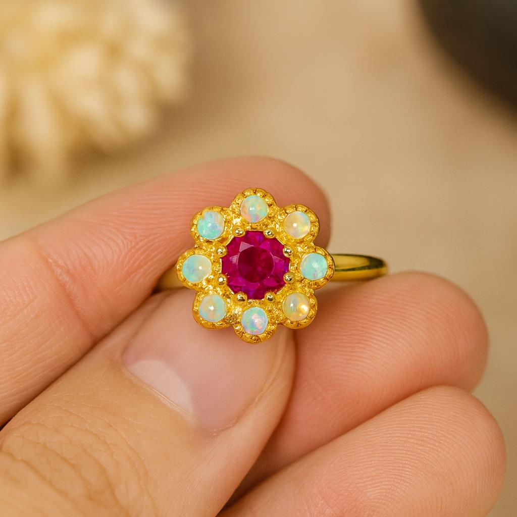 Wedding Engagement Anniversary Promise Gift – Red Ruby & White Opal Ring, Handmade Art Deco July Birthstone Gemstone Bridal Jewelry