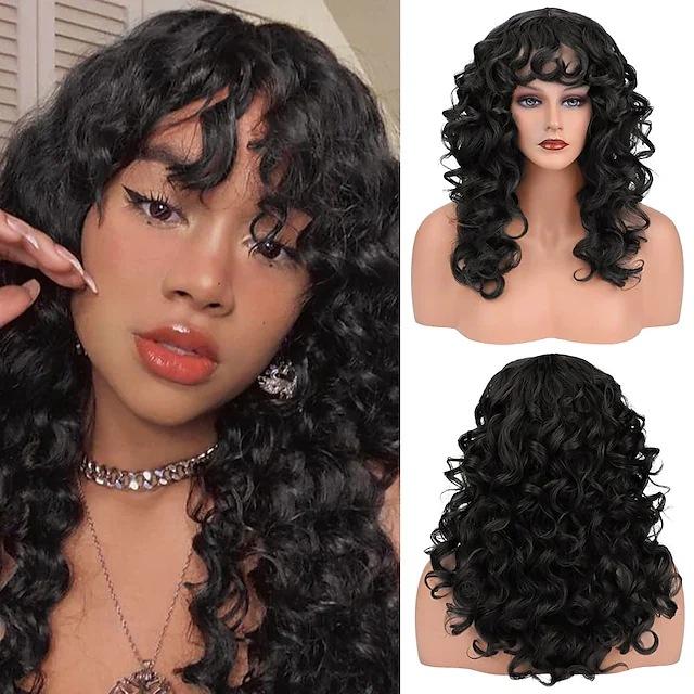 Long Curly Wig With Bangs Blonde Brown Black Shag Hair Synthetic Replacement Wigs For Women Daily Use Cosplay Heat Resistant Wig