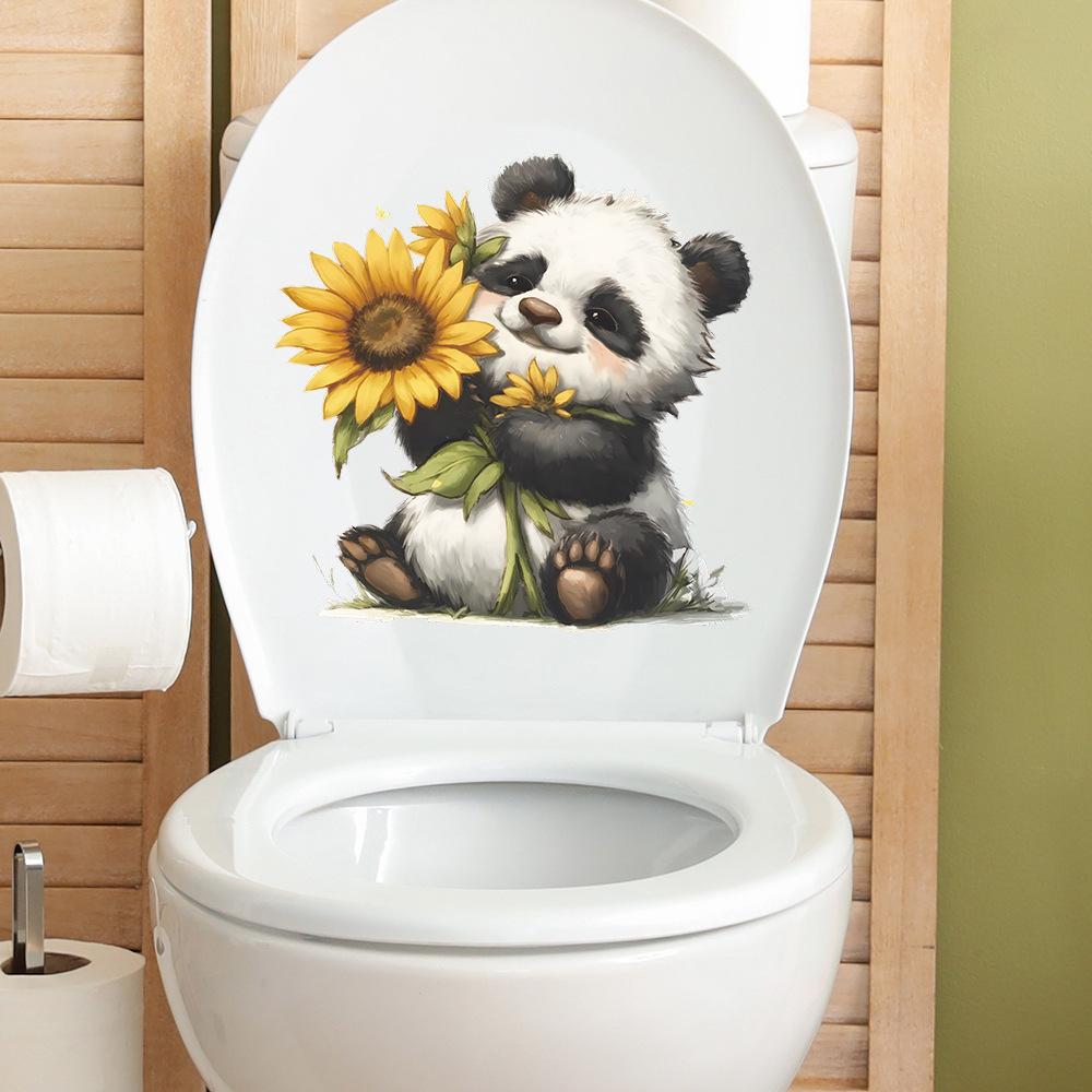 Pegatina de Panda de Dibujos Animados Sosteniendo Girasol para Asiento de Inodoro Decoración del Hogar Calcomanía Extraíble Autoadhesiva