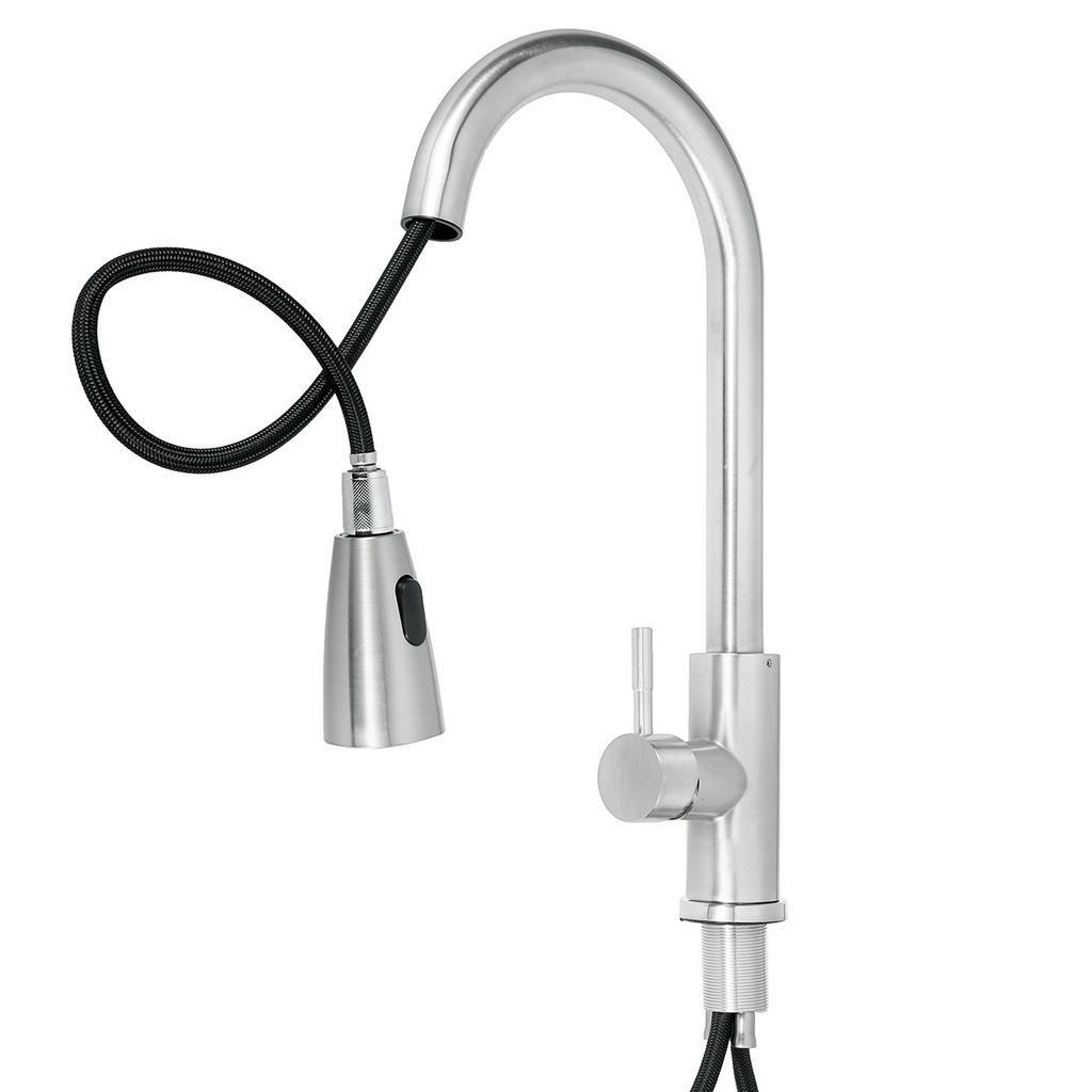 Kitchen Pull-Out Faucet Tap Mixer Spout Finish Brushed Swivel Spray Single Hole 360 Degree Brushed  Faucets Water Mixer Tap Silvery New