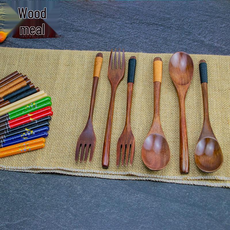 Camphorwood Three-Piece Cutlery Set: Chopsticks, Fork, and Spoon, Solid Wood, Portable and Individual Use.