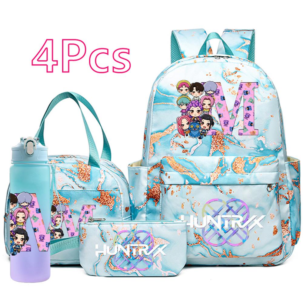 4Pcs/set Cartoon K-Pop Printed Large Capacity Backpack Handbag Pencil Case with 750Ml Water Bottler for Teenager Boy Girl Schoolbag Bookbag Mochila