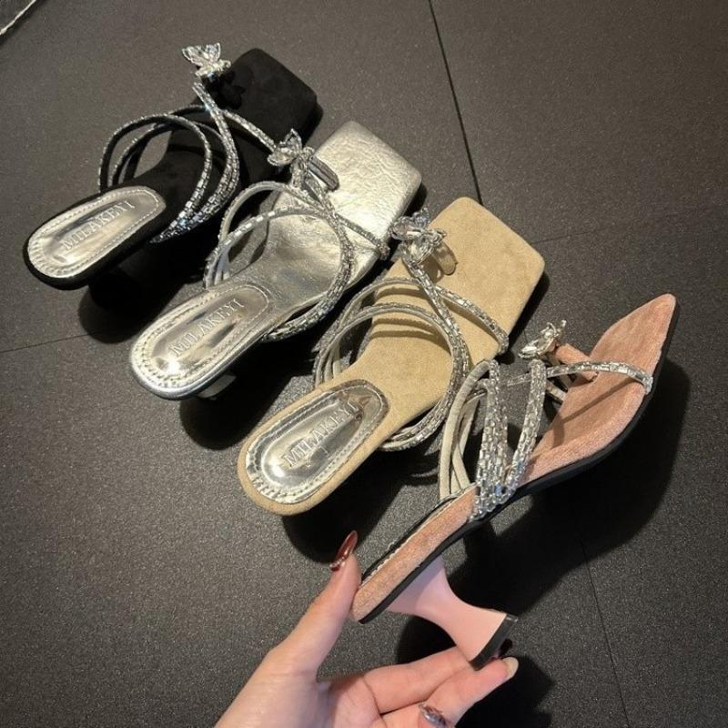 

High heels women s summer new rhinestone one-word sandals fashion square head stiletto toe slippers 35 чёрный