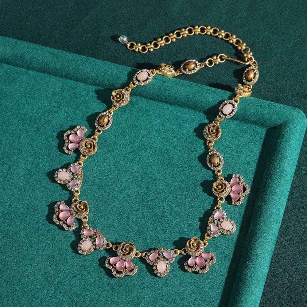 Trendy Flower Necklace Earring Inlaid Rhinestone Clavicle Chain Pink Water Drop Necklace Banquet