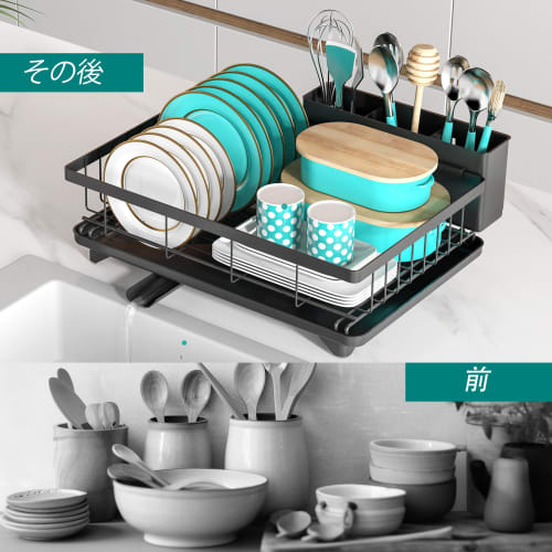 MERRYBOX Dish Drainer, Rust-Resistant, Automatic Draining, Kitchen Dish Drainer, Black, Washing Rack, Dish Drying Rack, Wide Leak-Proof Spout, Large 3