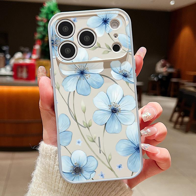 Lovely Sky-blue Flowers Pattern Case For iPhone 17 Pro Max Magnetic For Magsafe Skin Feeling Cover For iPhone 16 15 14 13 Pro Max