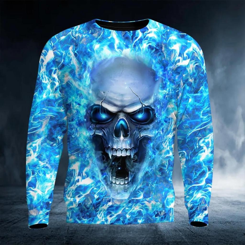 New Men's Autumn Round Neck Long Sleeve T-shirt =Retro Skull 3D Pattern Print T Shirts Casual Fashion Tops Men Clothing
