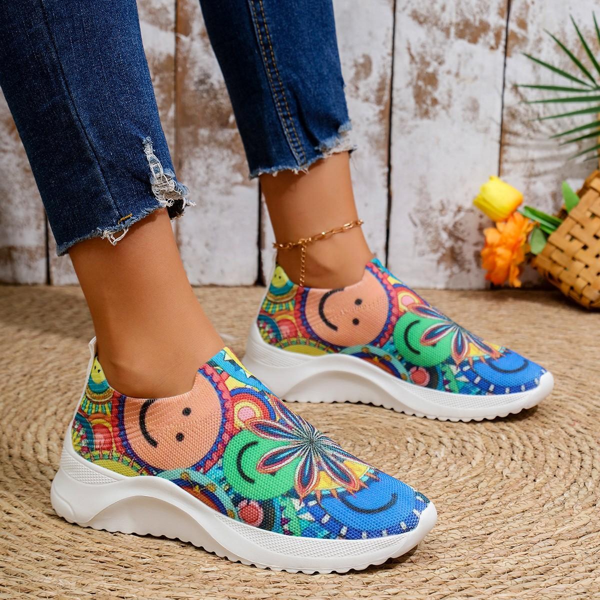 

Женская обувь осень новый крупный принт модный тренд летающие плетеные туфли для мам цветные спортивные туфли женская обувь 43