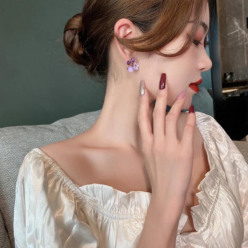 Women Fashion Korean Purple Crystal Flower Earrings Women Tender Wedding Party Anniversary Gift Jewelry Design Pendant Decor