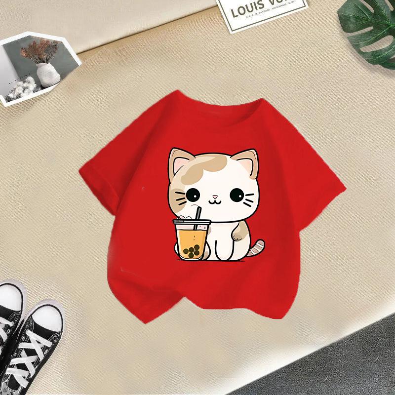 Children's Casual Short-sleeved T-shirt - Summer Boys' and Girls' Casual Cute Cat T-shirt