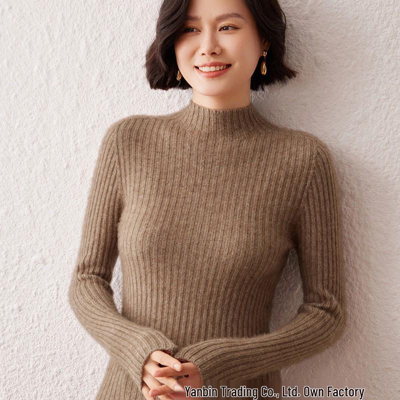 Women's Striped Cashmere Sweater - Autumn/Winter, Half-High Neck, Slim-Fit, Knitted Base Layer