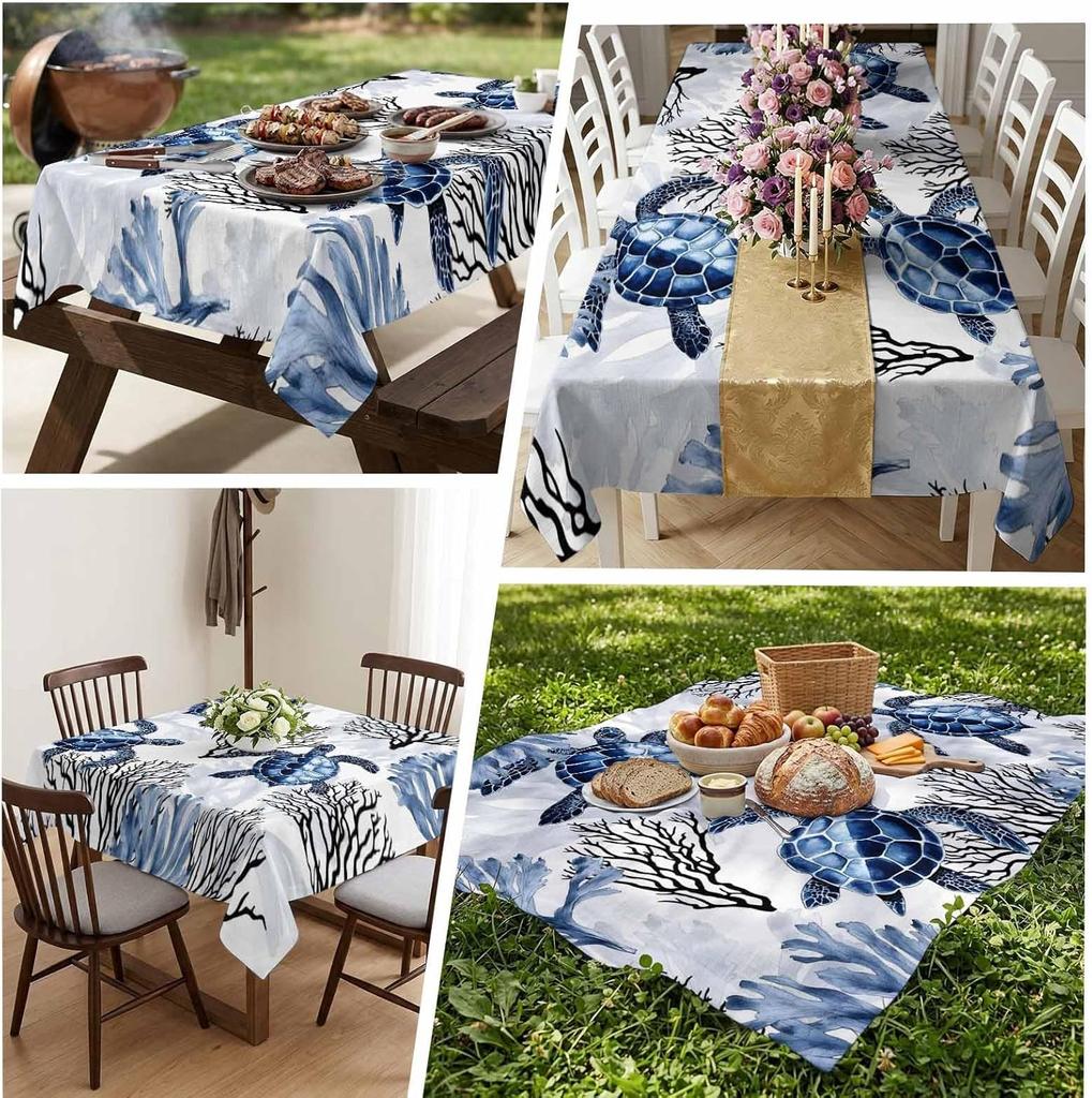 Coastal Sea Turtle Rectangle Table Cloth for Table Decor Waterproof Machine Washable Reusable Tablecloth for Table Dining Room