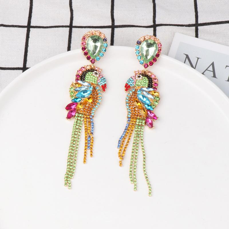 Multi Color Crystal Animal Jewelry Long Crystal Chain Tassel Dangle Earrings Rainbow Rhinestone Parrot Earrings