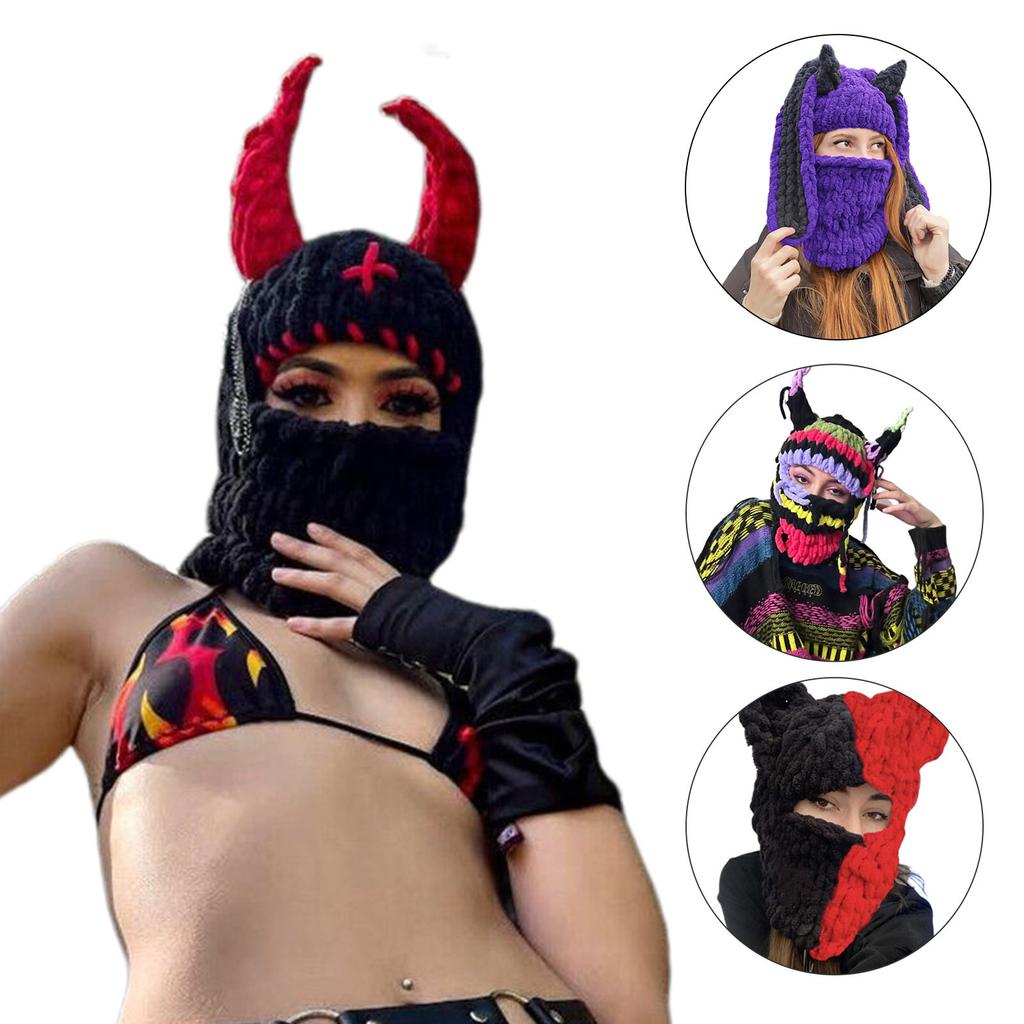 Handmade Balaclava Neck Protect Hat with Cute Devil Horn Winter Knit Hat Presents for Students Teens Cycling Skiing