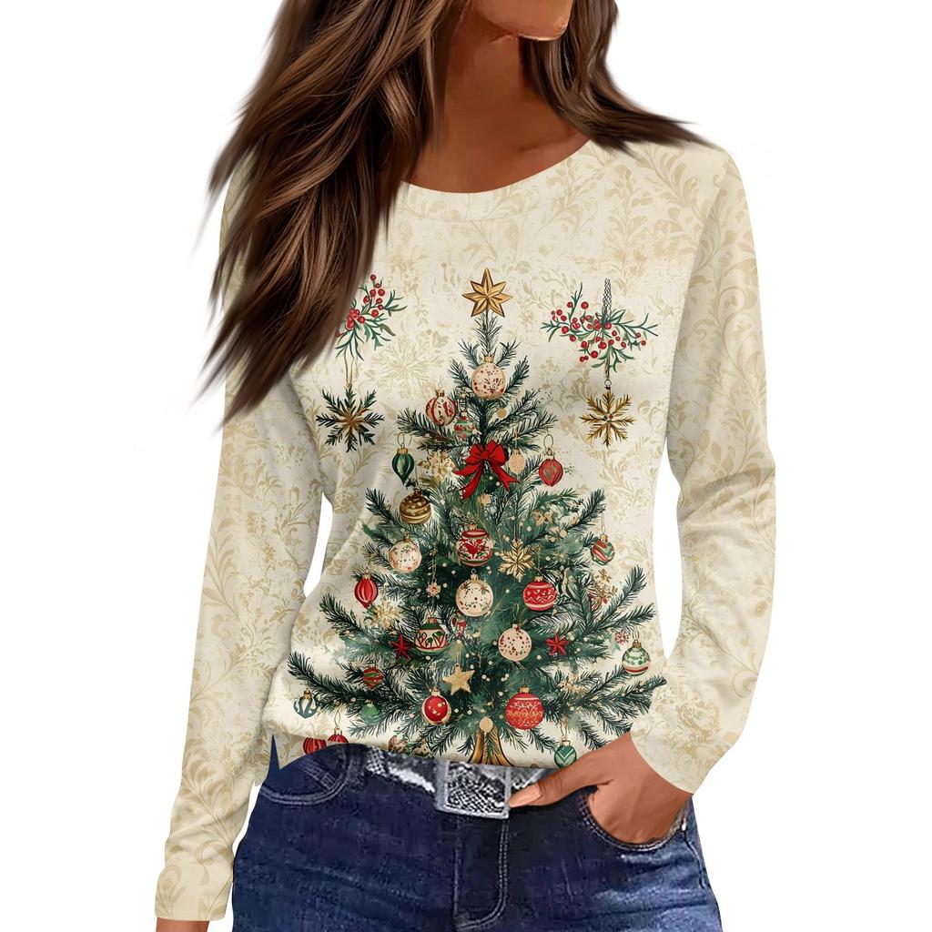 Women's Fashion Casual Slit Hem Round Neck Long Sleeve Loose Christmas Printed T-Shirt Ladies Top