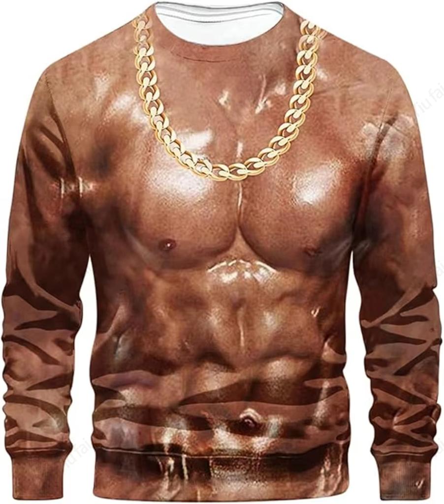 3D Funny Muscle Body Printed T-shirts Slim Oversized Round neck Long Sleeve T-shirts Ugly Chest Hair Tops