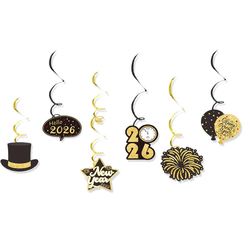 2026 Happy New Year Banner, Black and Gold Party Decorations New Year's Day Gala Party Decorations and Hanging Ornaments